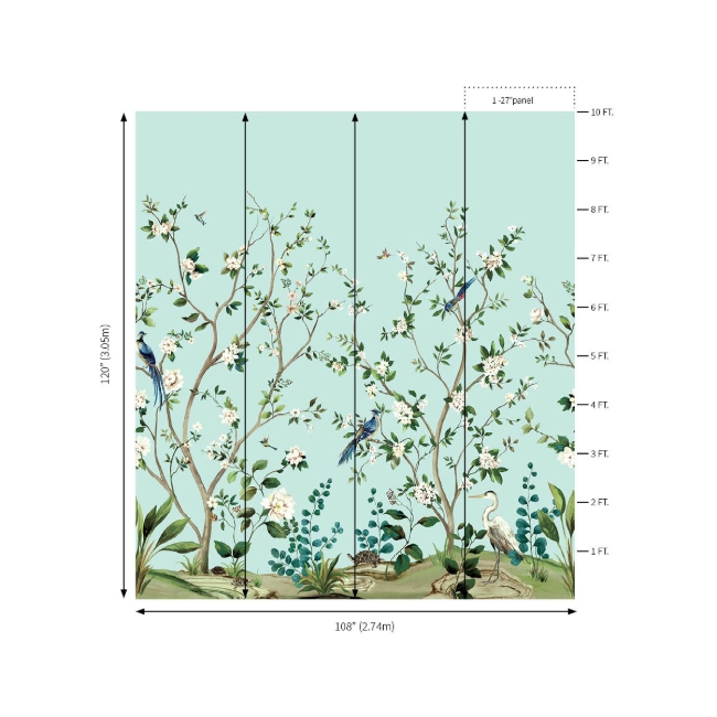 Picture of Heron Botanical Mural - Celeste Blue