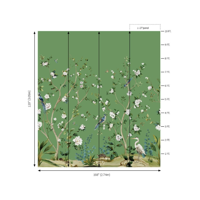 Picture of Heron Botanical Mural - Emerald Green